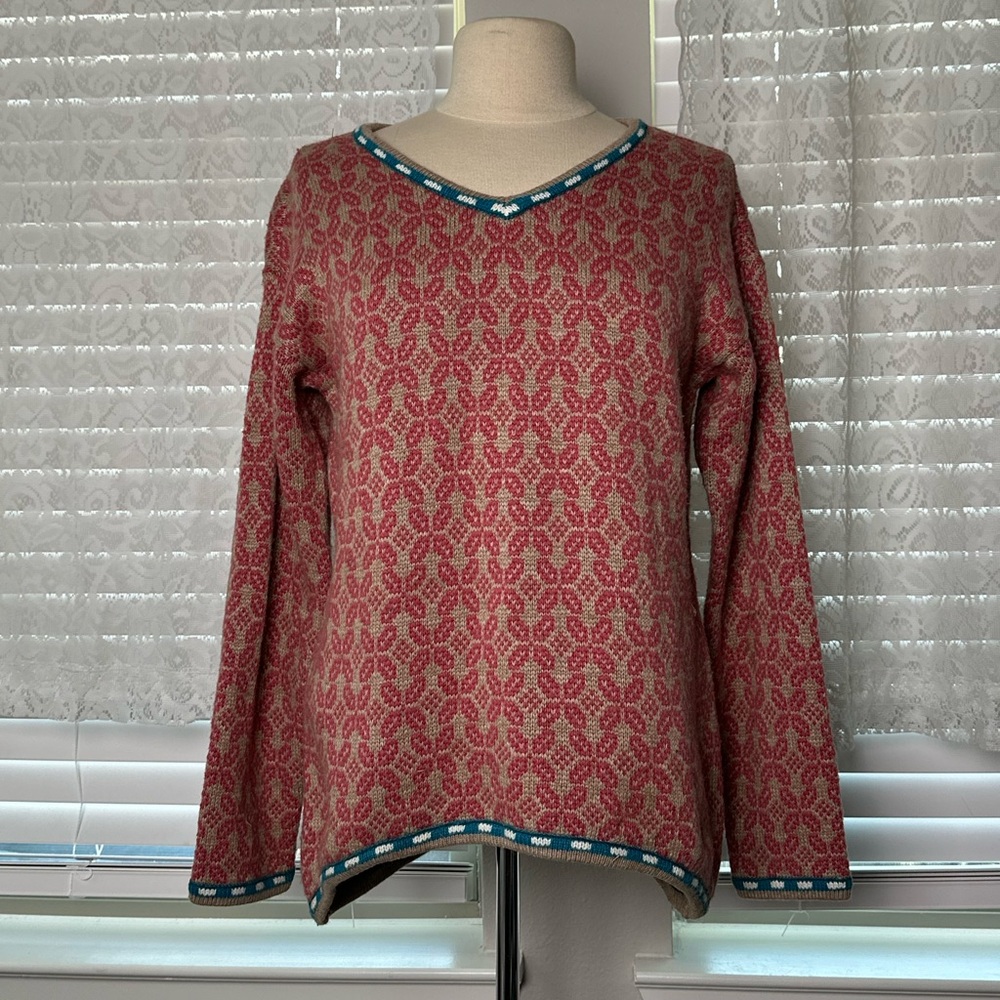 Sundance Pink & Brown V Neck Boho Indie Sweater